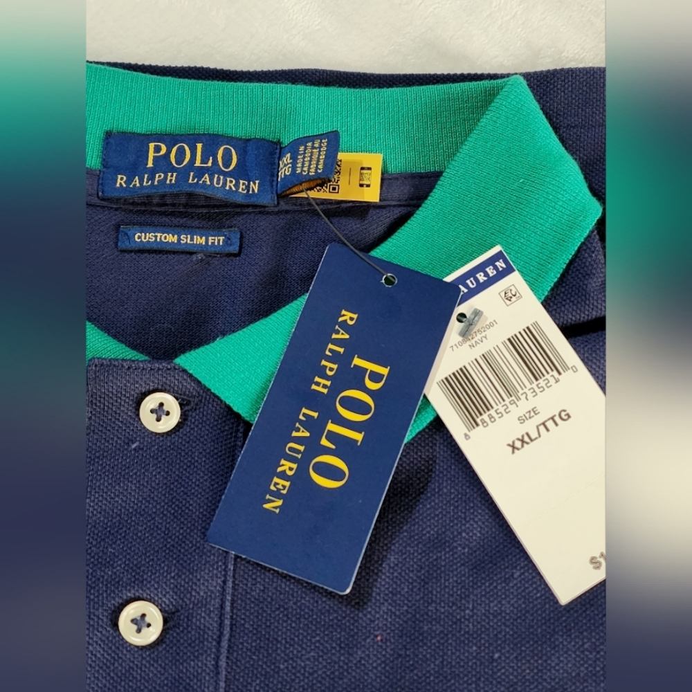 Men's POLO RALPH LAUREN Navy Blue Mesh Contrast Trim POLO Shirt/Custom slim fit - Picture 5 of 8